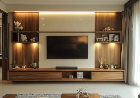 flat-screen-tv-is-mounted-wall-wooden-table (1)